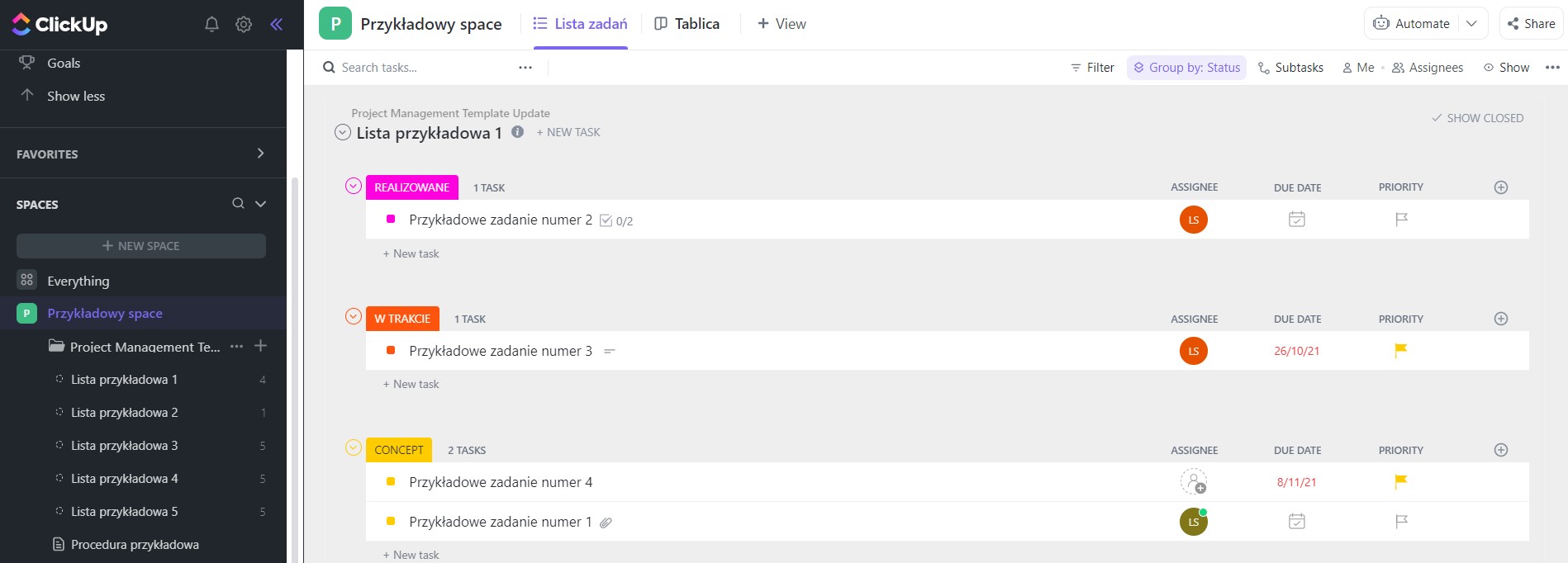 Przykłądowy space, lista zadań w ClickUp