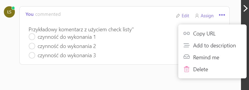 Przypomnienia Clickup uruchamiane z poziomu komentarza