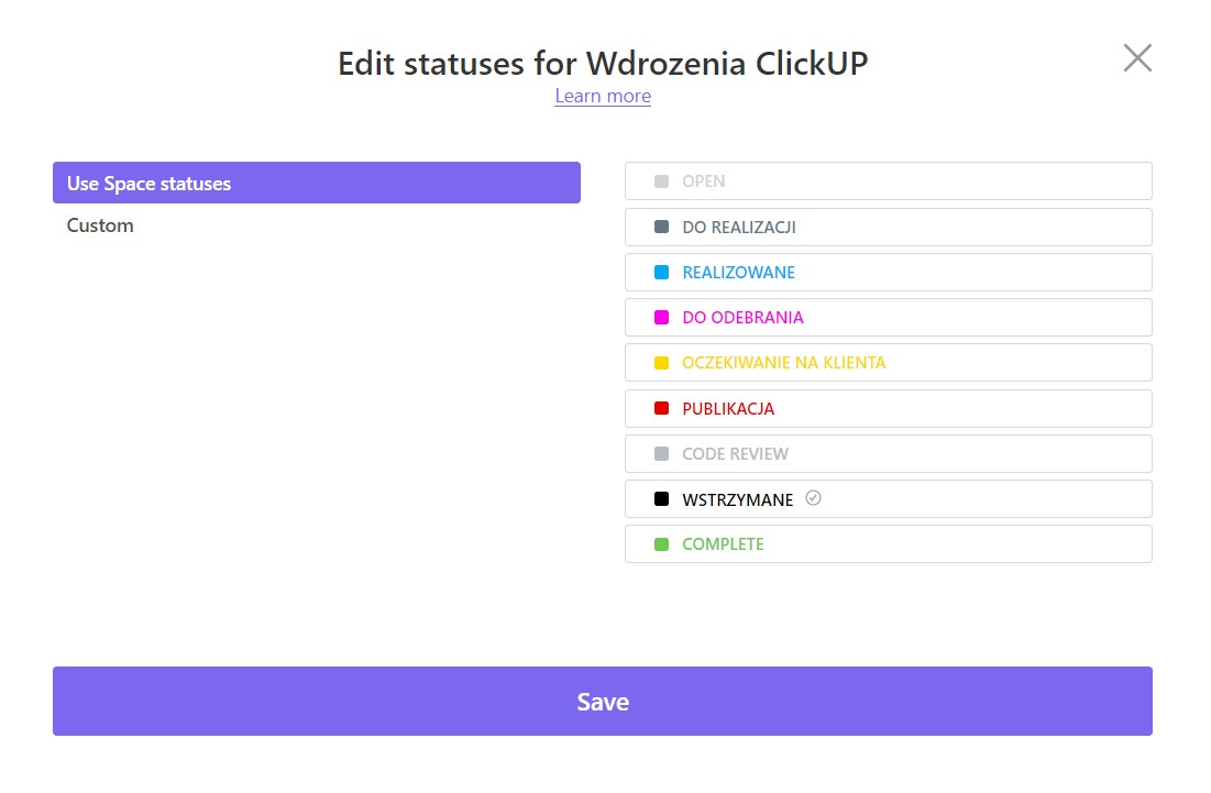 Statusy niestandardowe ClickUp