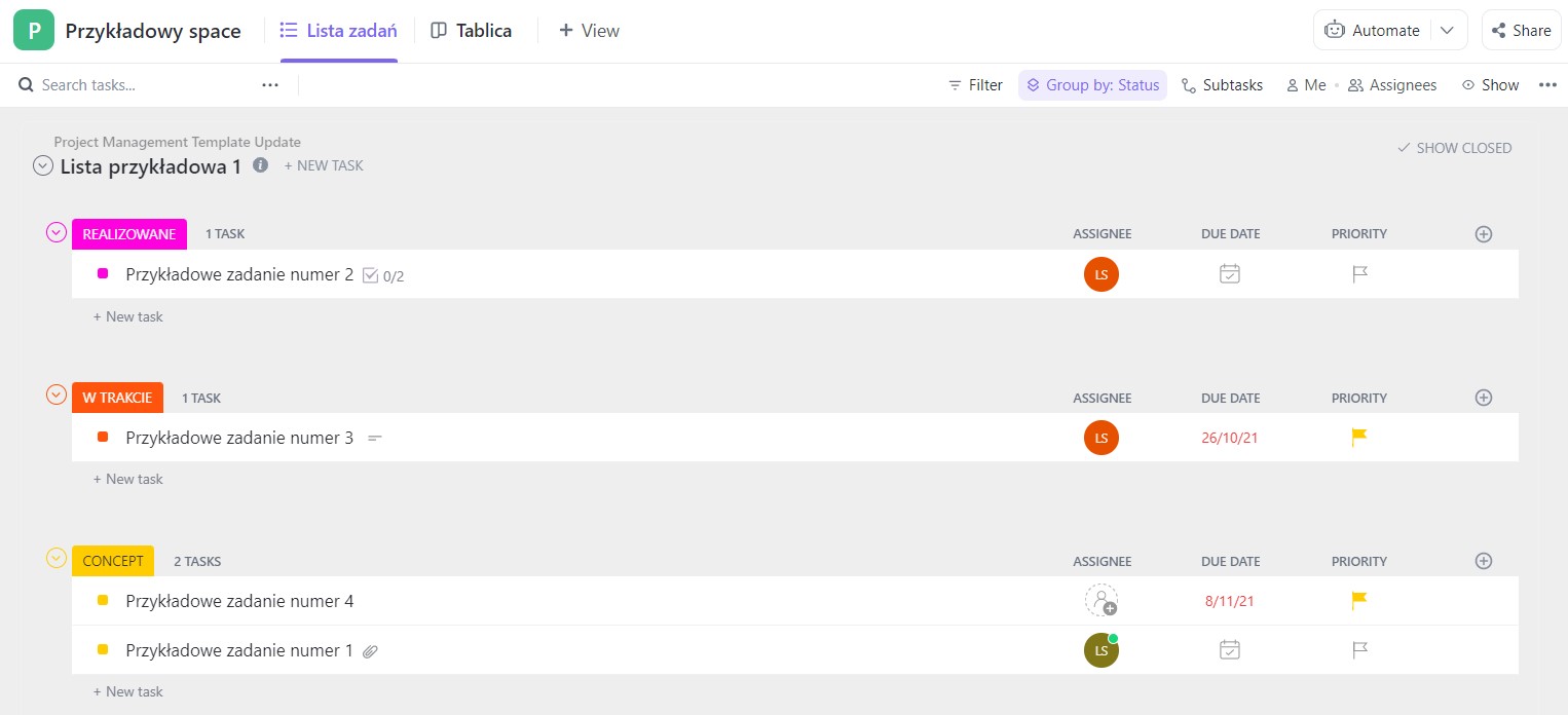 Widok listy zadań w ClickUp 