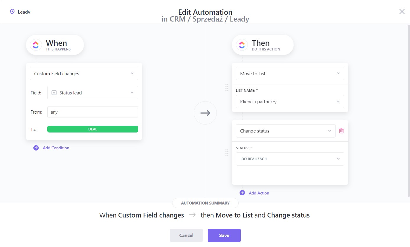 Automatyczne przeniesienie zadania do nowej lokalizacji po zmianie w polu niestandardowym „custom fields” w ClickUp