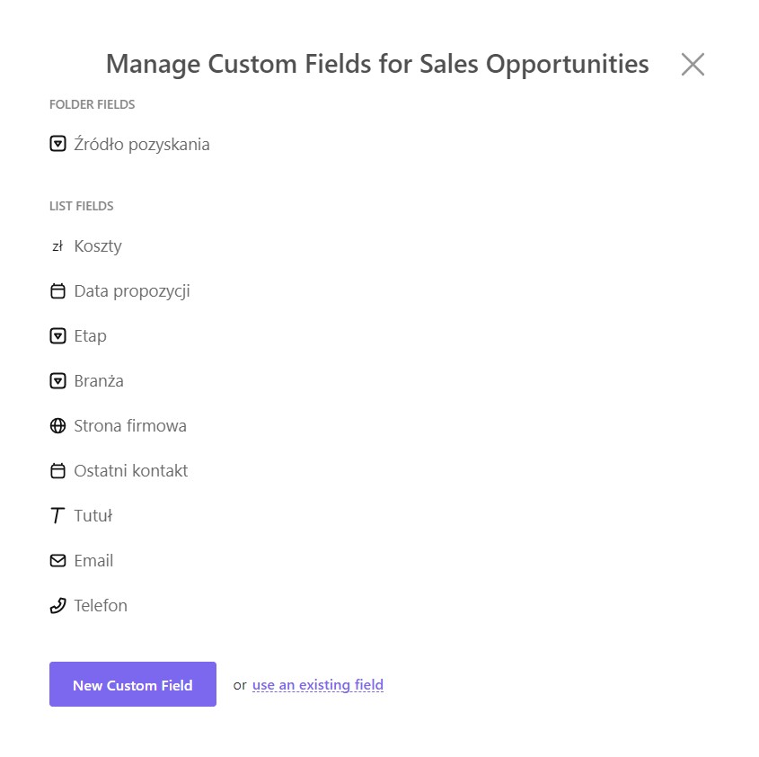 Dodawanie custom fields