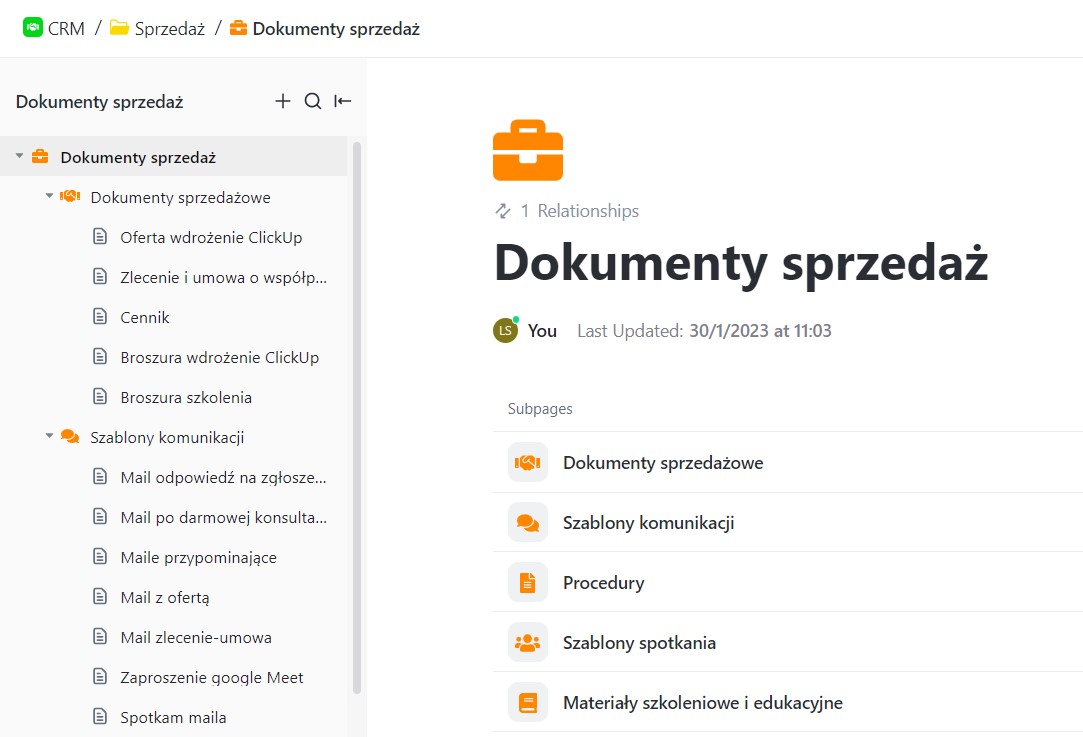 Dokumenty w CRM ClickUp