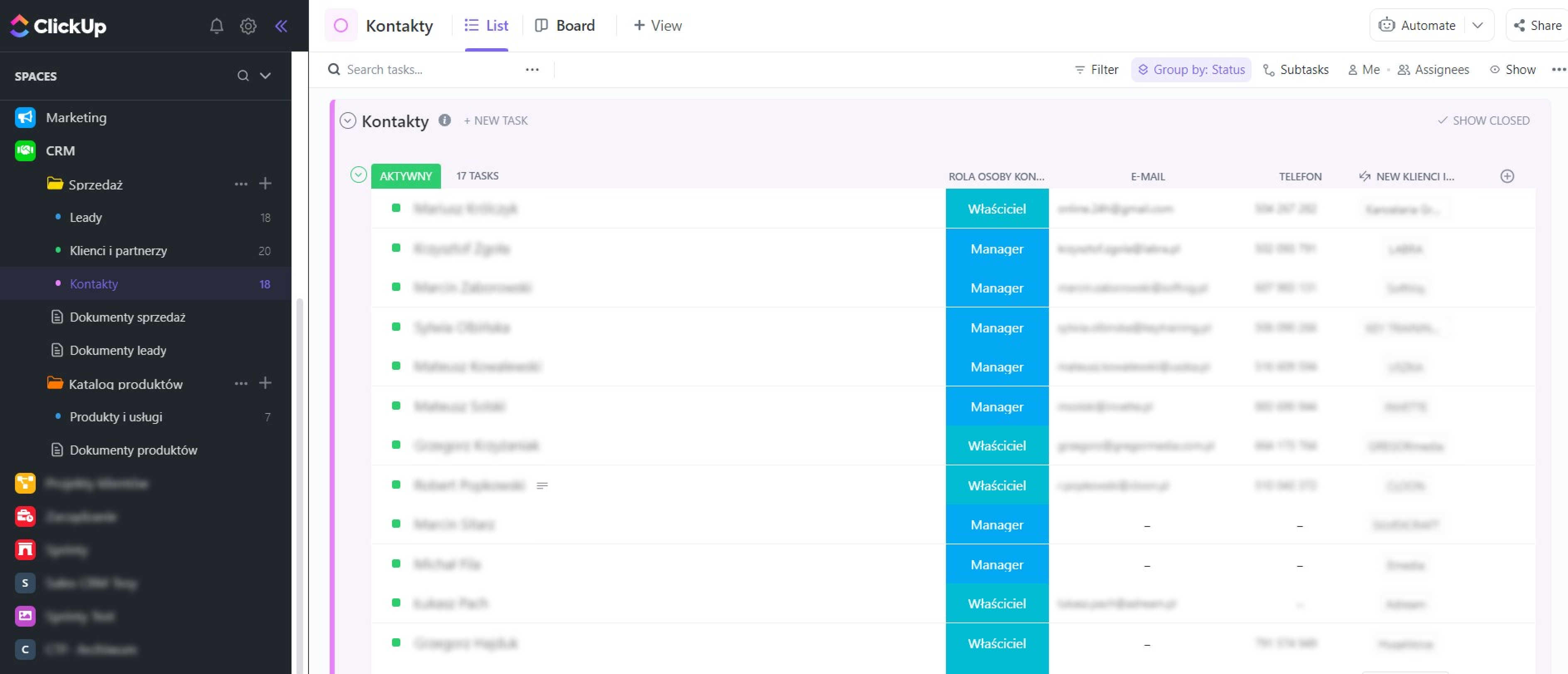 Lista kontakty CRM ClickUp