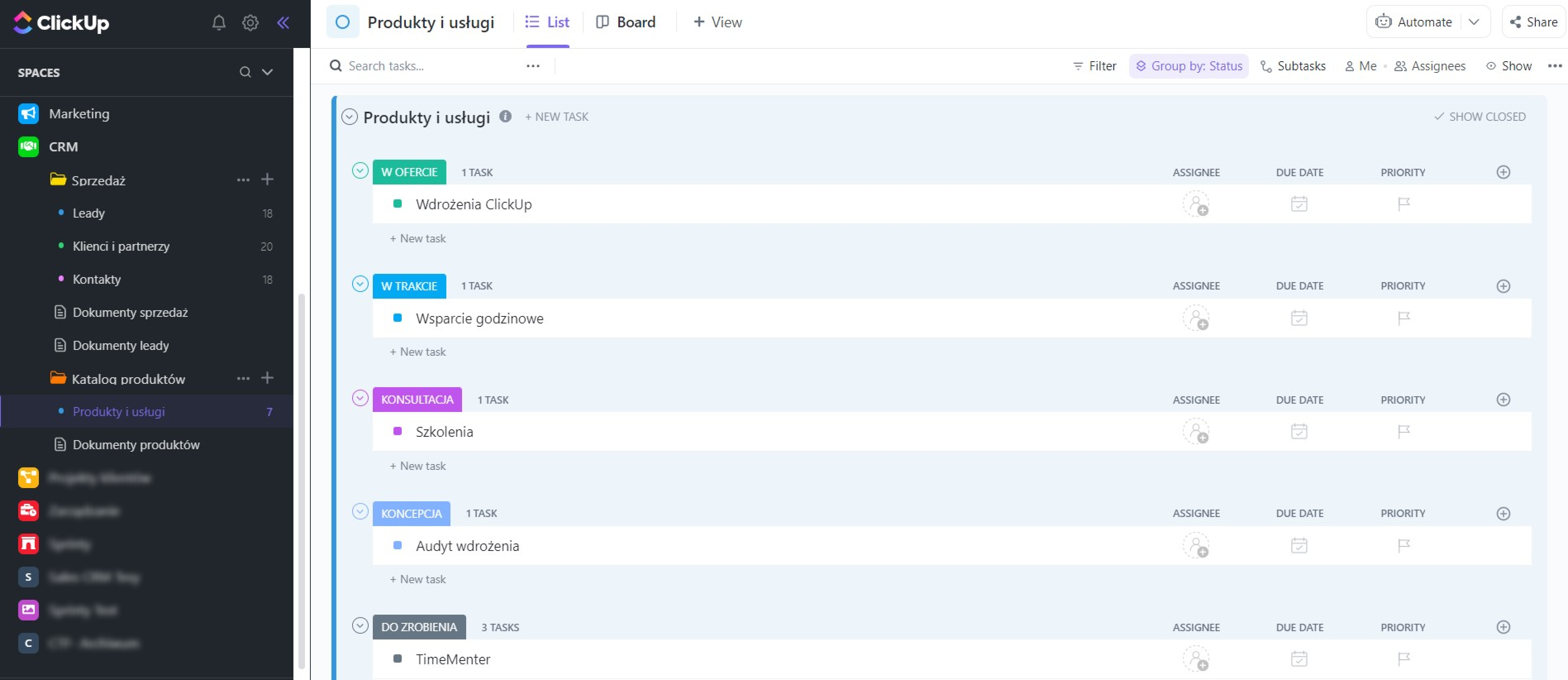Lista produkty i usługi CRM ClickUp