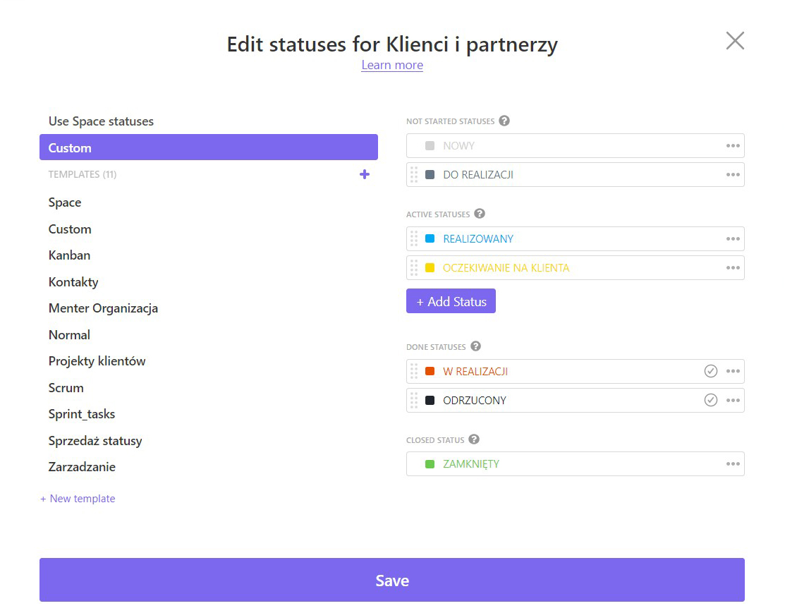 Statusy dla zadań w CRM ClickUp