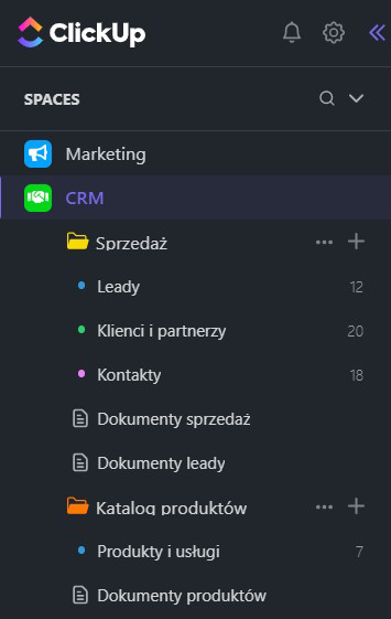 Struktura organizacyjna ClickUp CRM