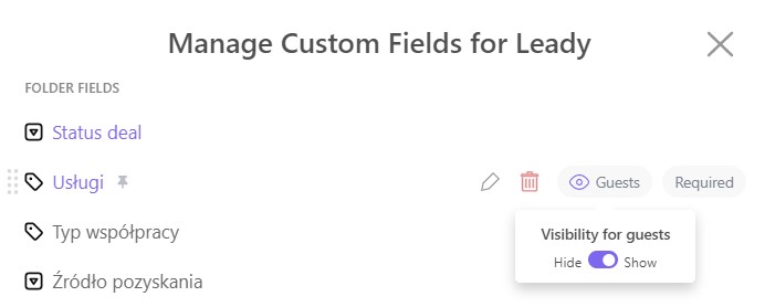 Widoczność pola niestandardowego dla Gościa. 