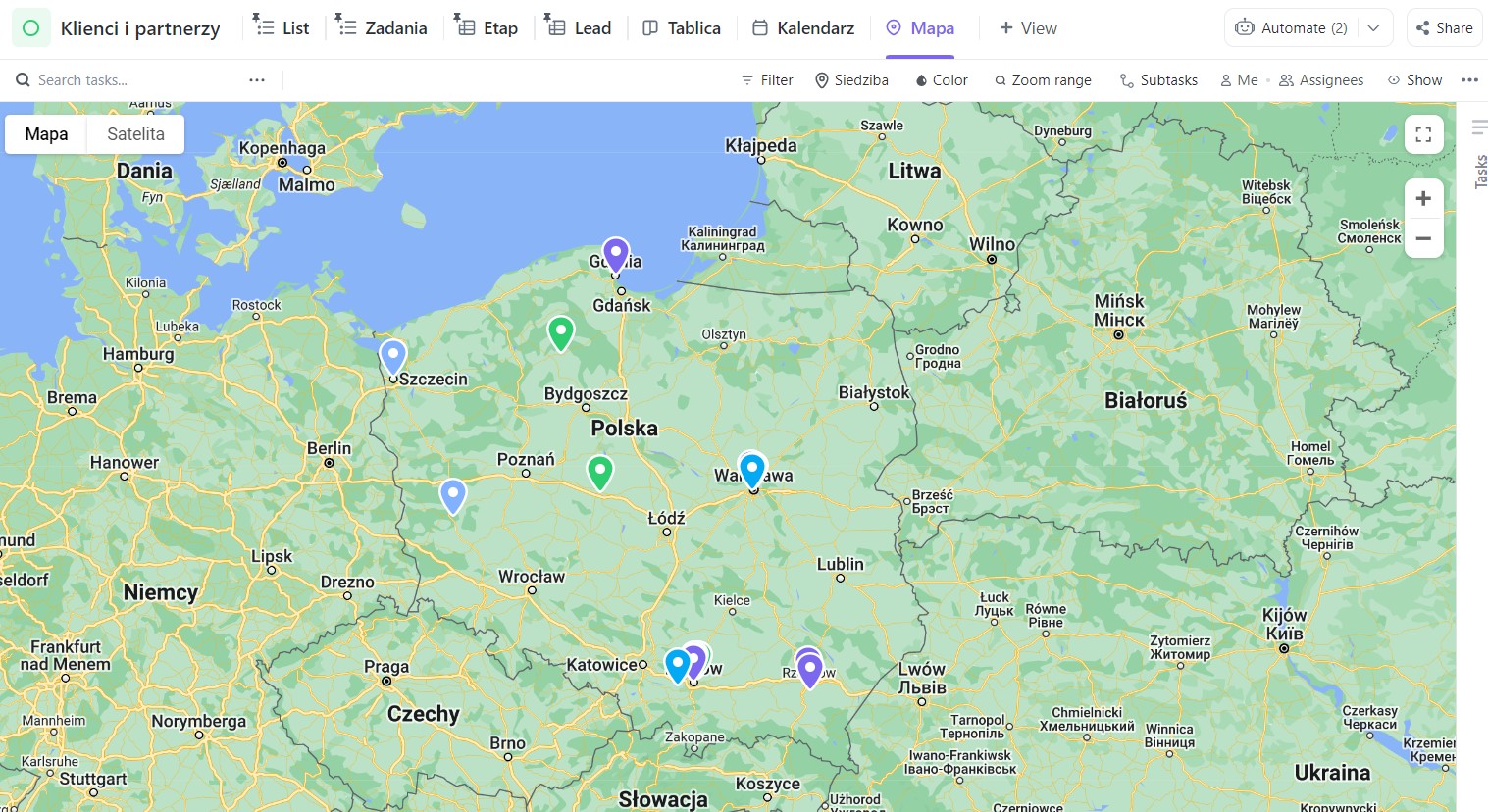 Widok mapa ClickUp CRM