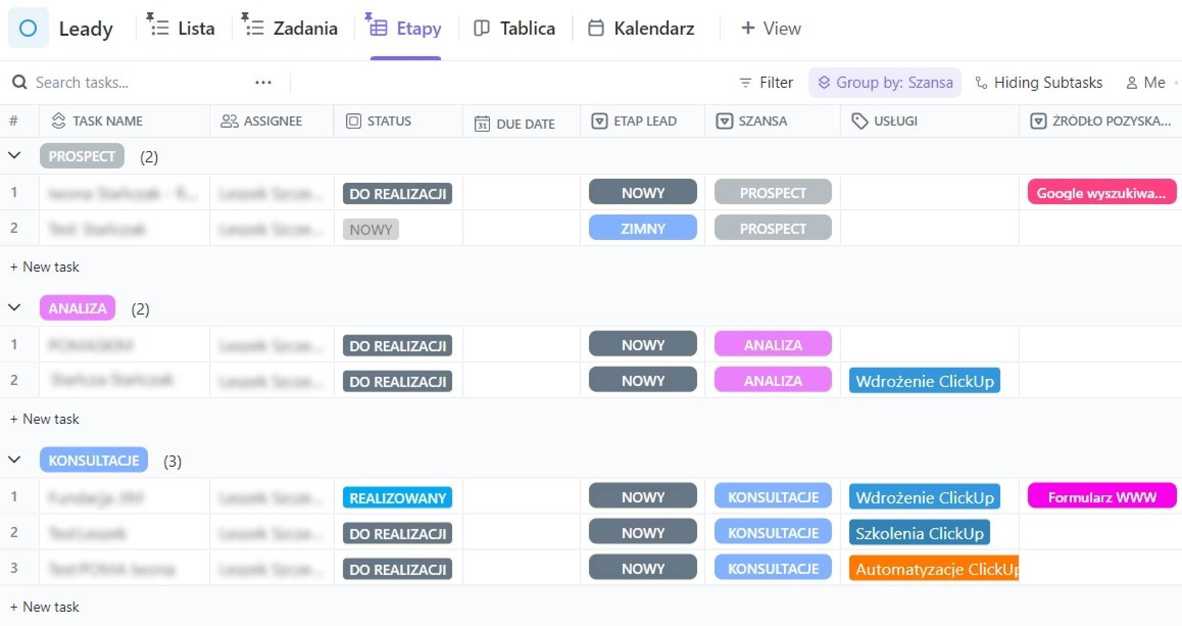 Widok tabela ClickUp CRM