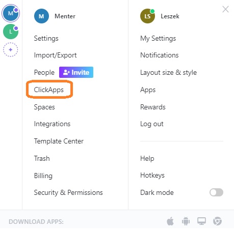 Jak włączyć ClickApps, przykładowy screen