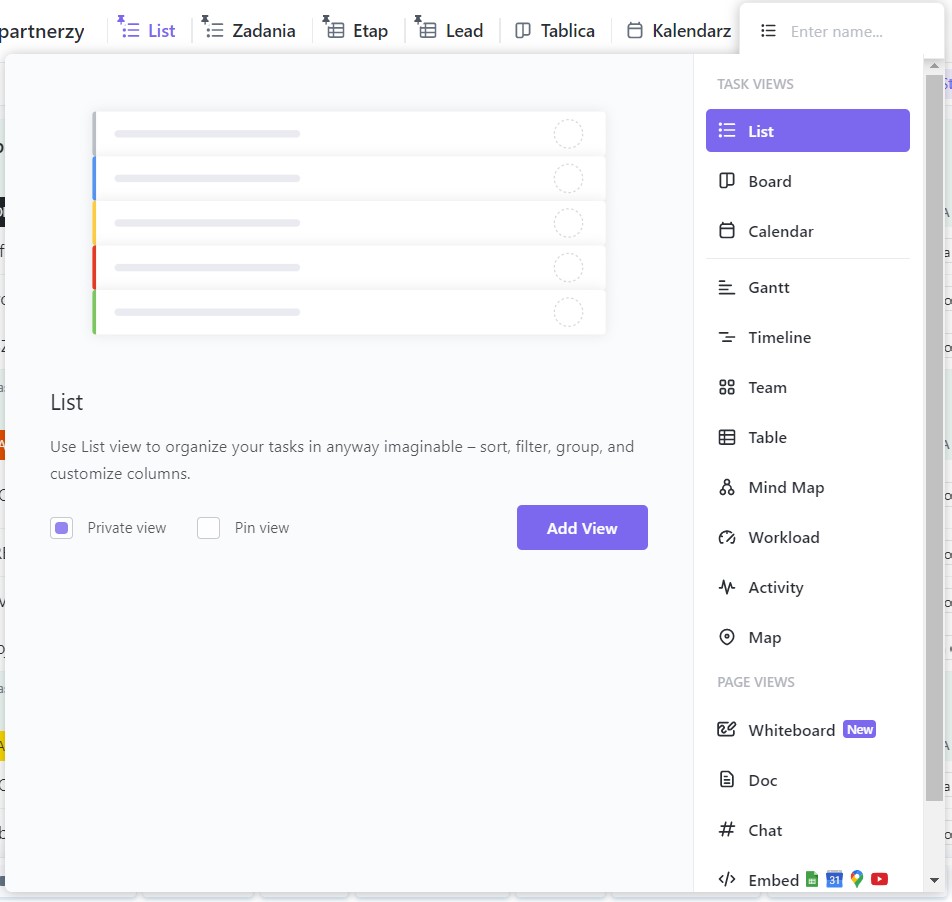 Domyślne widoki prywatne ClickUp, przykładowy screen