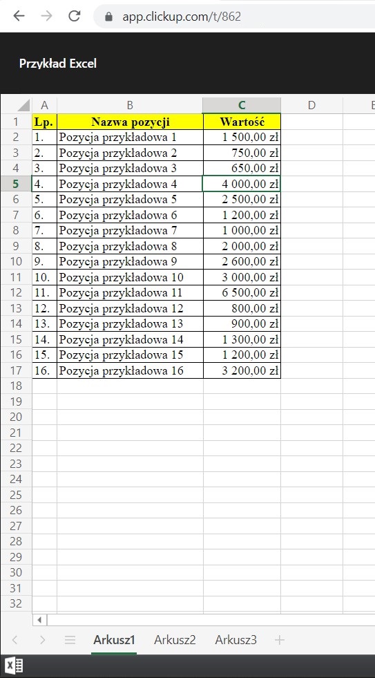 Excel Word i Power Point w ClickUp, przykładowy screen