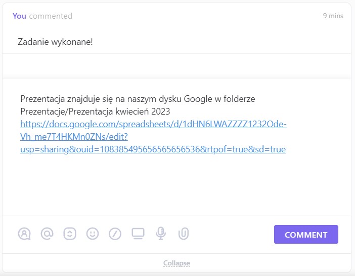 Komentarze wątkowe ClickUp, przykładowy screen