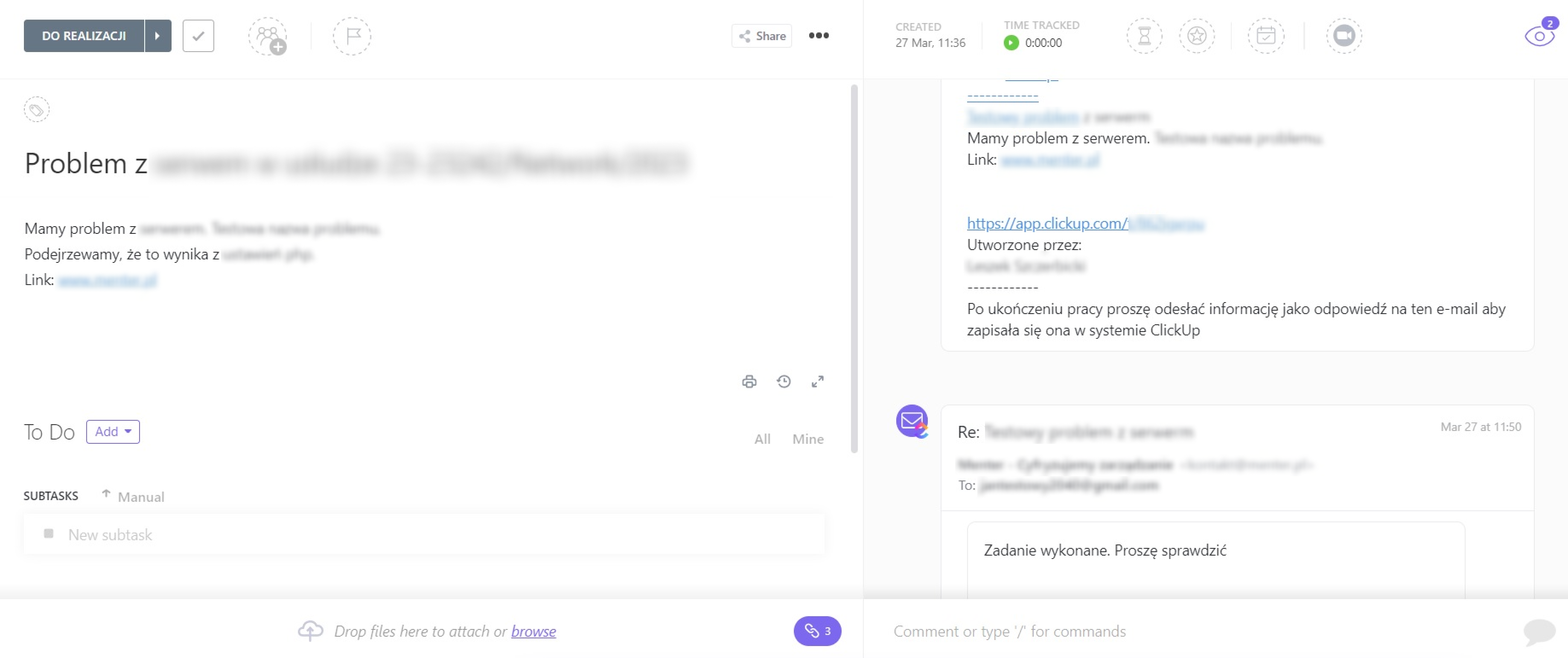 Przykład użycia e-mail, wiadomość zwrotna do zadania ze skrzynki e-mailowej ClickUp