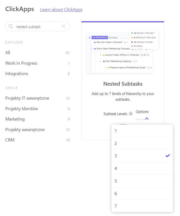 Subzadania jak włączyć aplikację ClickUp, przykładowy screen
