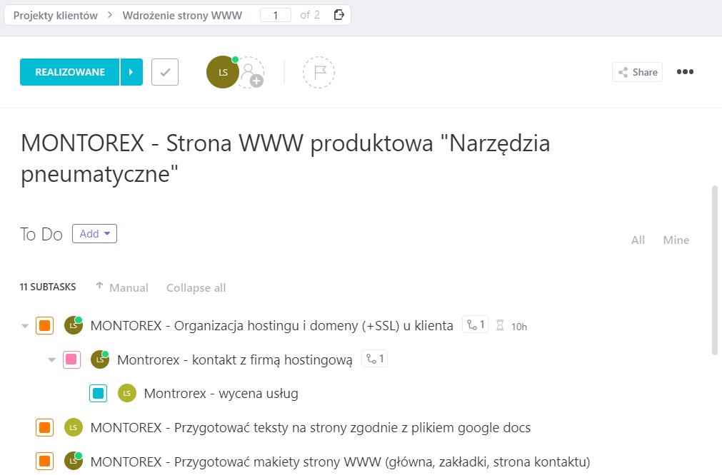 Subzadania w zadaniach ilość poziomów ClickUp, przykładowy screen